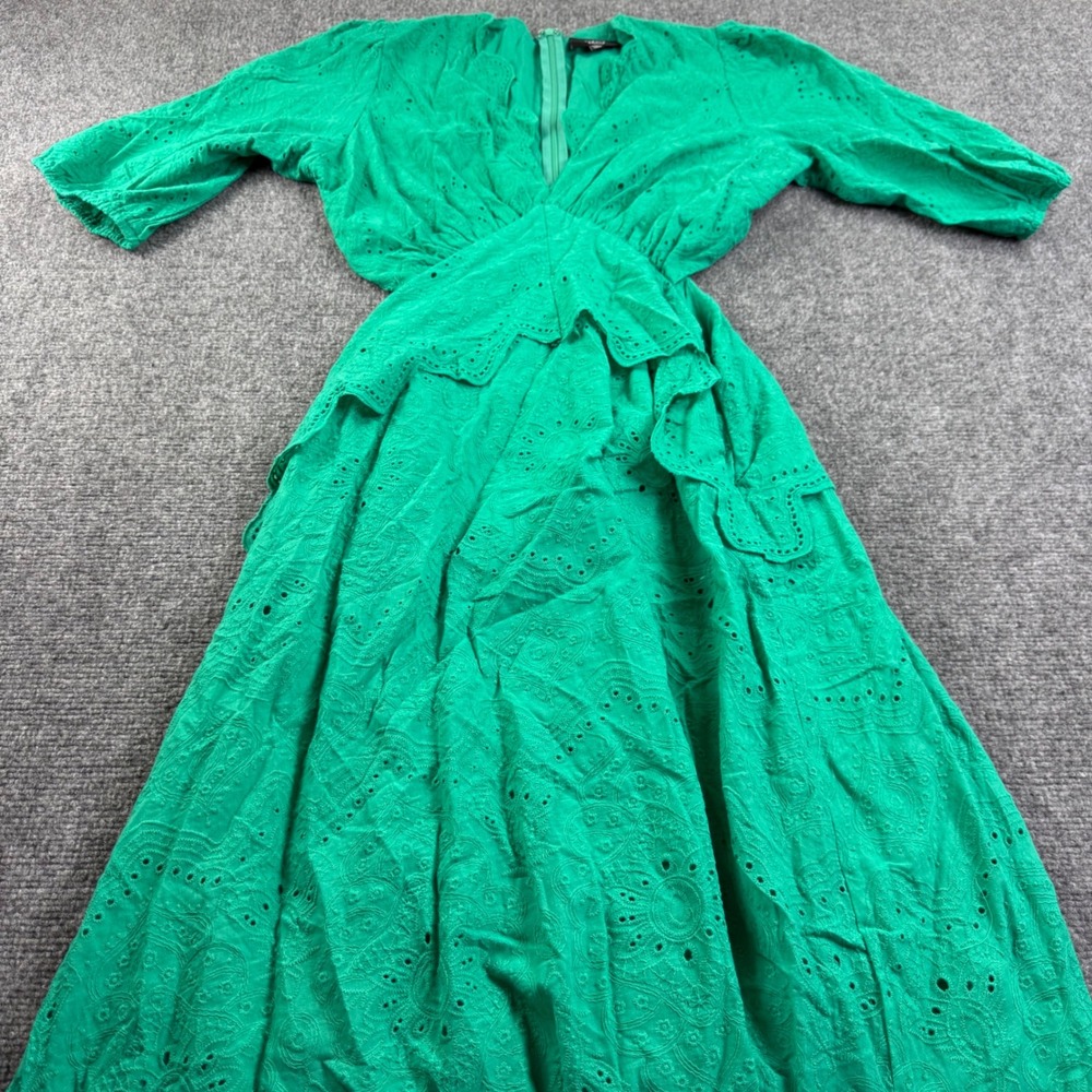VICI Eyelet Maxi Dress Medium Green Ruffle Scallop V-Neck Women DI8047VC